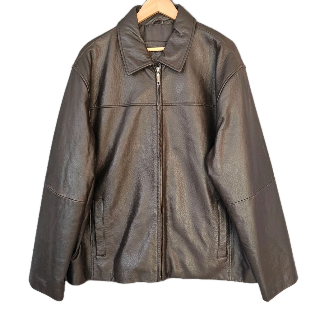 Roundtree Yorke Leather Jacket Mens XXL Brown Zip Front Lined Genuine Leather